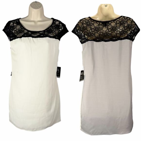 Express Dress Womens XS White Black Gray Colorblock Lace Trim Shift Satin Lined - Picture 1 of 10